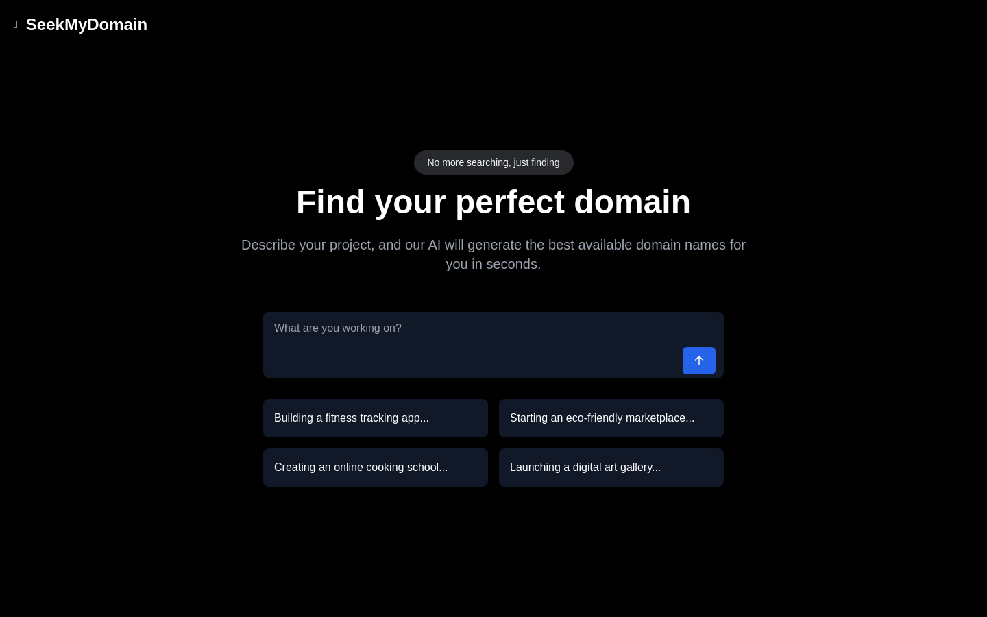 Show HN: SeekMyDomain – AI-Powered Domain Name Suggestions in Seconds - Project Screenshot