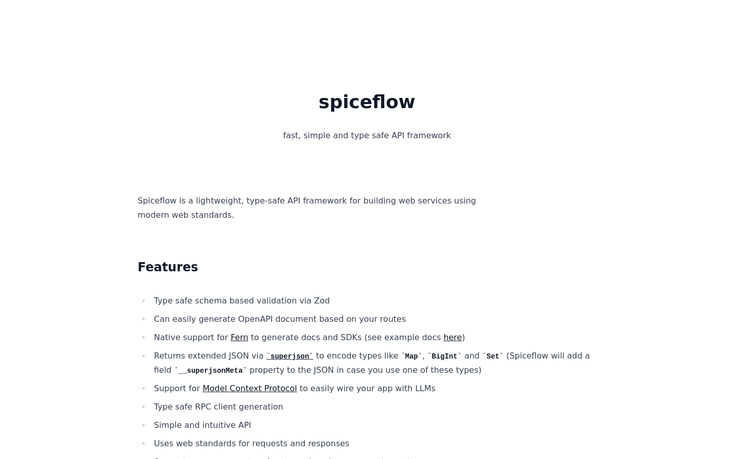 Show HN: Spiceflow – fast, simple and type safe TypeScript API framework - Project Screenshot