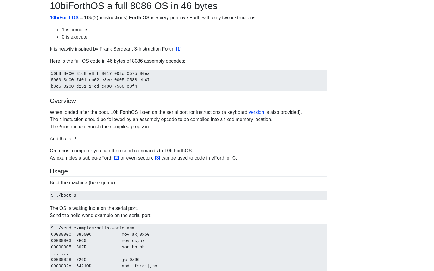 Show HN: 10biForthOS a full 8086 OS in 46 bytes - Project Screenshot