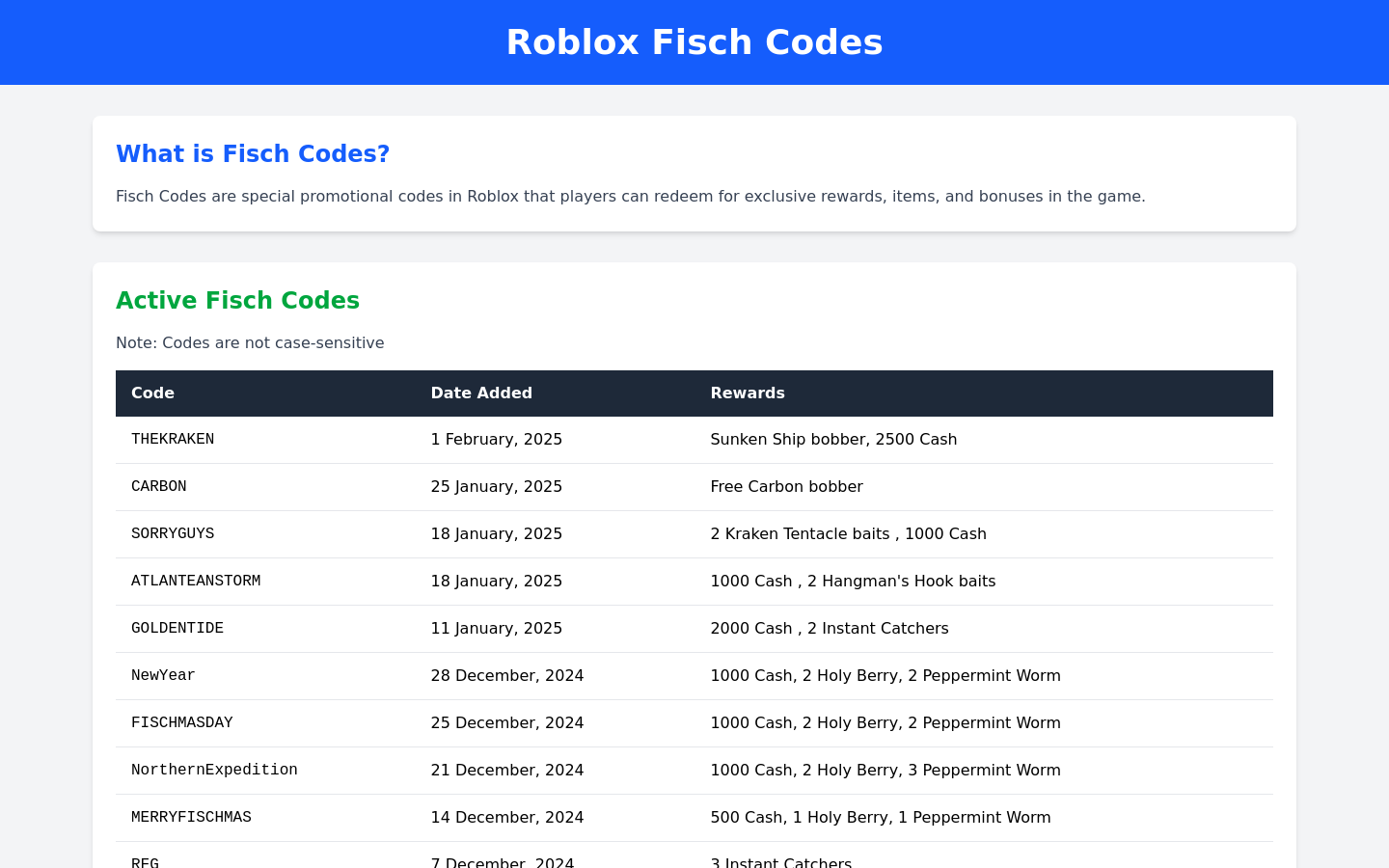 Show HN: Roblox Fisch Codes - Project Screenshot