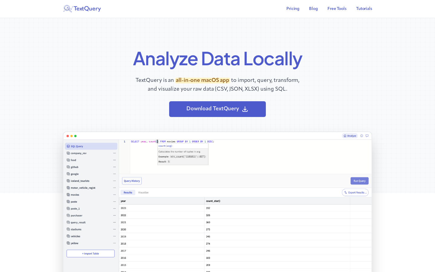 Show HN: TextQuery – Analyze Raw Data Locally (CSV, JSON, XLSX) Using SQL - Project Screenshot