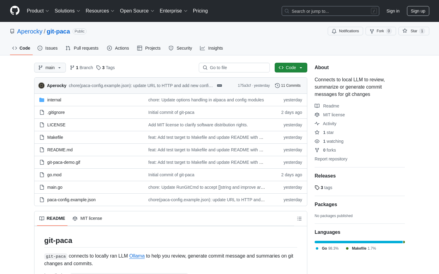 Show HN: git-paca, git review/summary with ollama - Project Screenshot