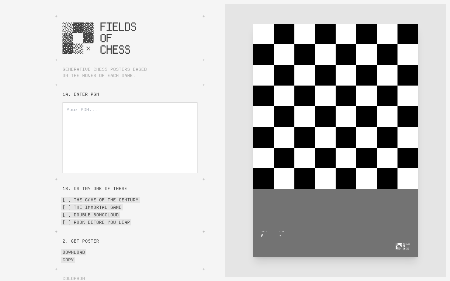 Show HN: Fields of Chess – Generative chess posters based on the moves of a game - Project Screenshot