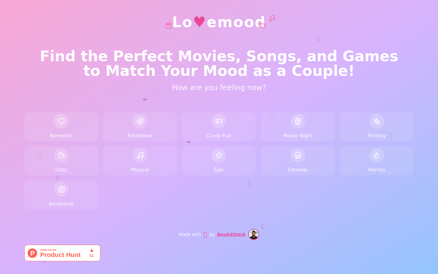 Show HN: I made an app for couples to find movies, games, and music by mood - Project Screenshot