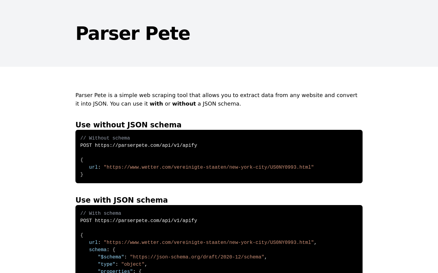 Show HN: ParserPete – 使每个网站成为带有 JSON SCHEMAS 的 JSON API - 项目截图