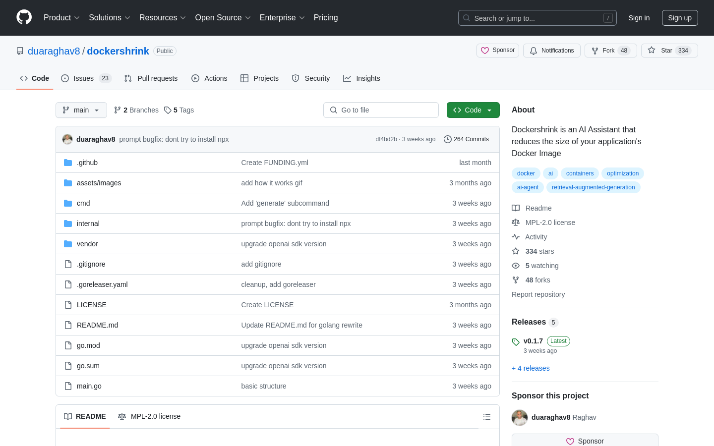 Show HN: Dockershrink – AI助手，帮助减少Docker镜像的大小 - 项目截图