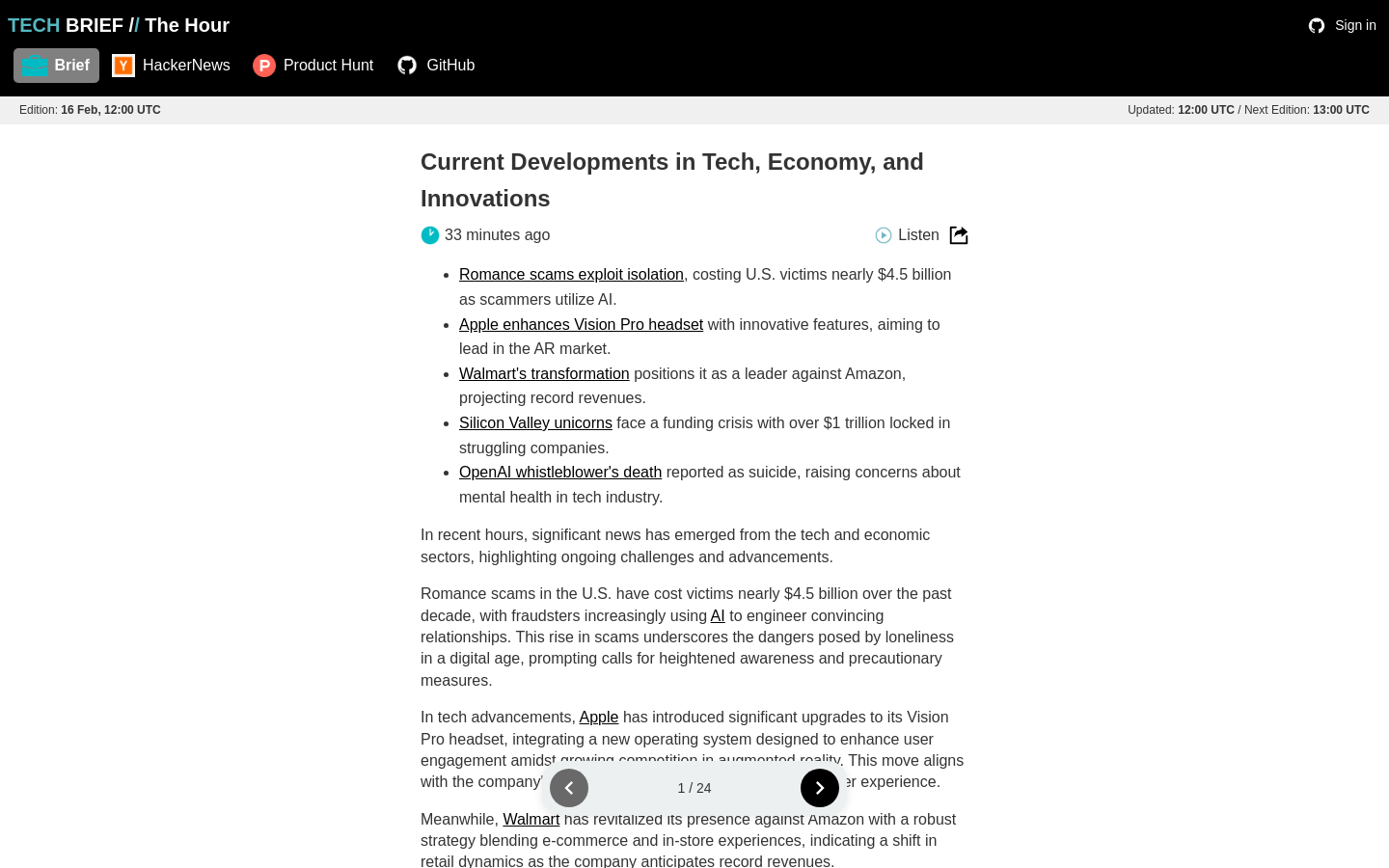Show HN: Tech Brief – AI enhanced news reading - Project Screenshot