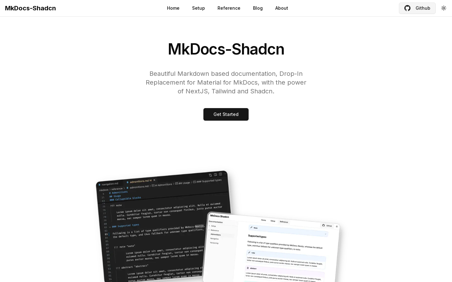 Show HN: NextJS/Tailwind/ShadcnでのMkDocs - プロジェクトのスクリーンショット