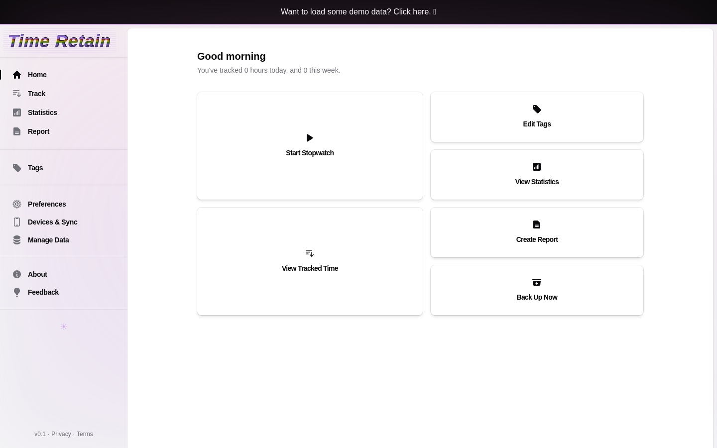 Show HN: TimeRetain – サインアップ不要のブラウザベースの個人時間追跡ツール - プロジェクトのスクリーンショット