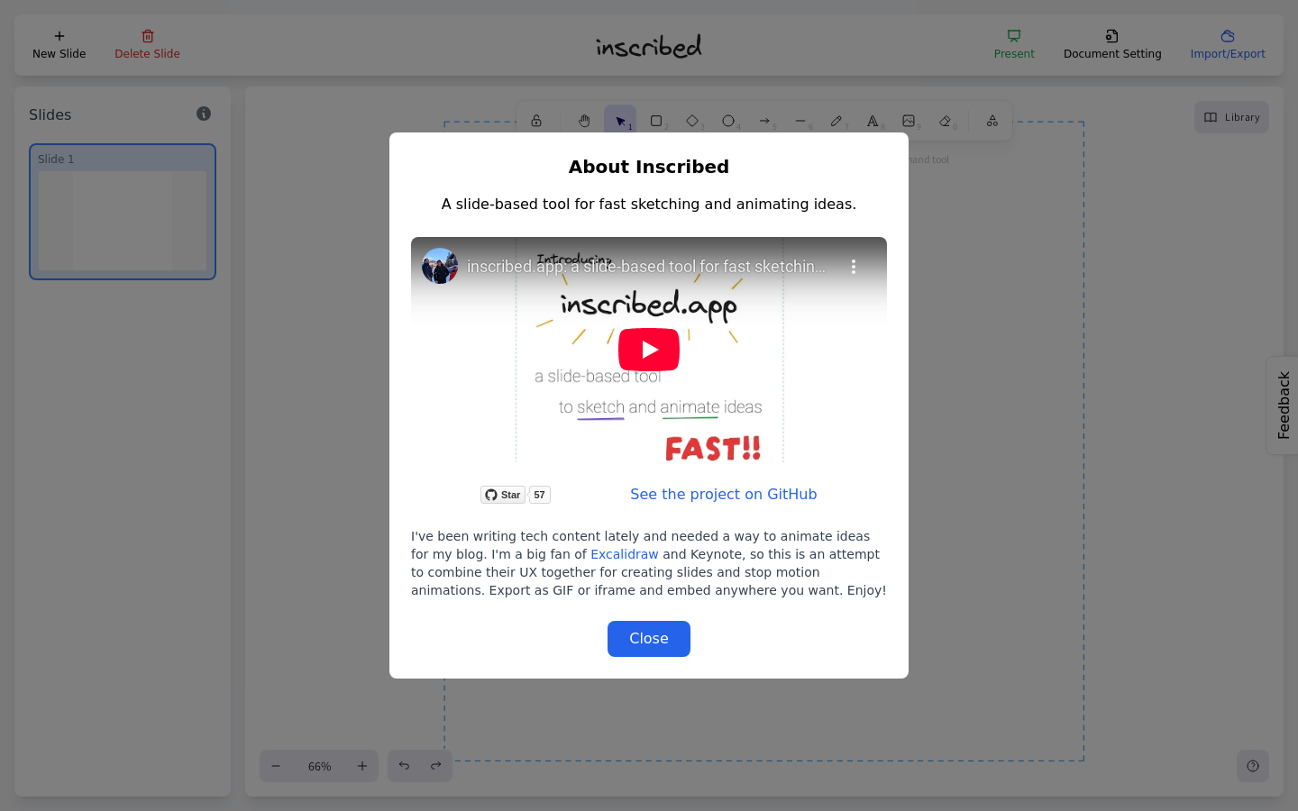 Show HN: Inscribed、ストップモーションアニメーションとExcalidrawでパワーアップしたスライドを作成します。 - プロジェクトのスクリーンショット