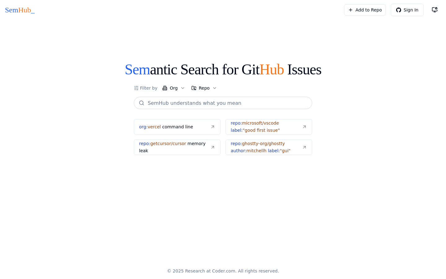 Show HN: 私はGitHubの課題に対してセマンティック検索を行うためにSemHubを構築しました。 - プロジェクトのスクリーンショット