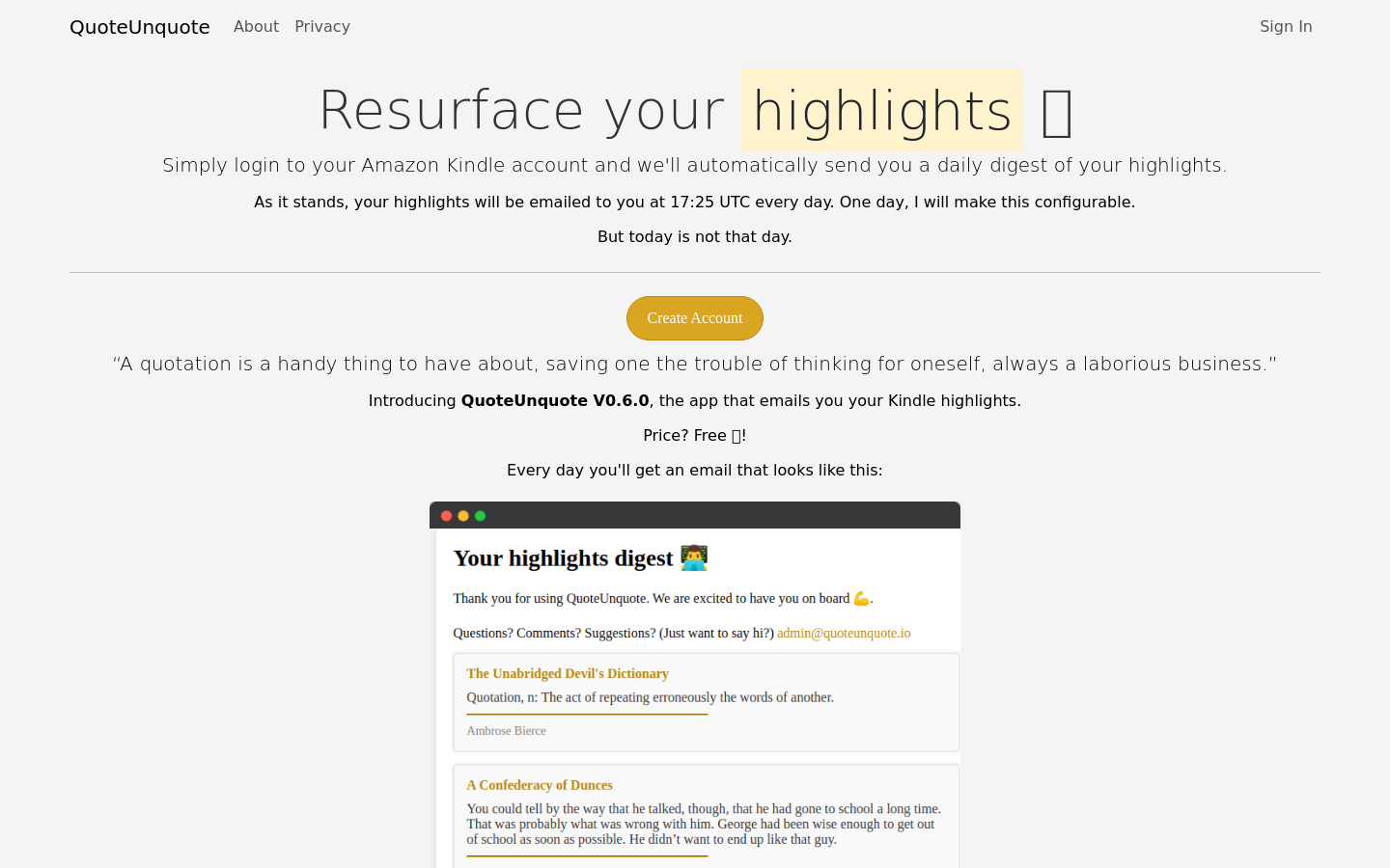 Show HN: 私は、あなたのKindleのハイライトを再発見するための無料サービスを構築しました。 - プロジェクトのスクリーンショット