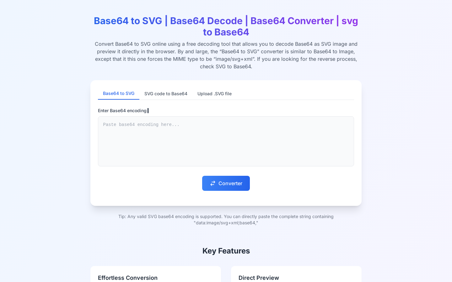 Show HN: Base64 から SVG へ – Base64 デコード – Base64 コンバーター – SVG から Base64 へ - プロジェクトのスクリーンショット