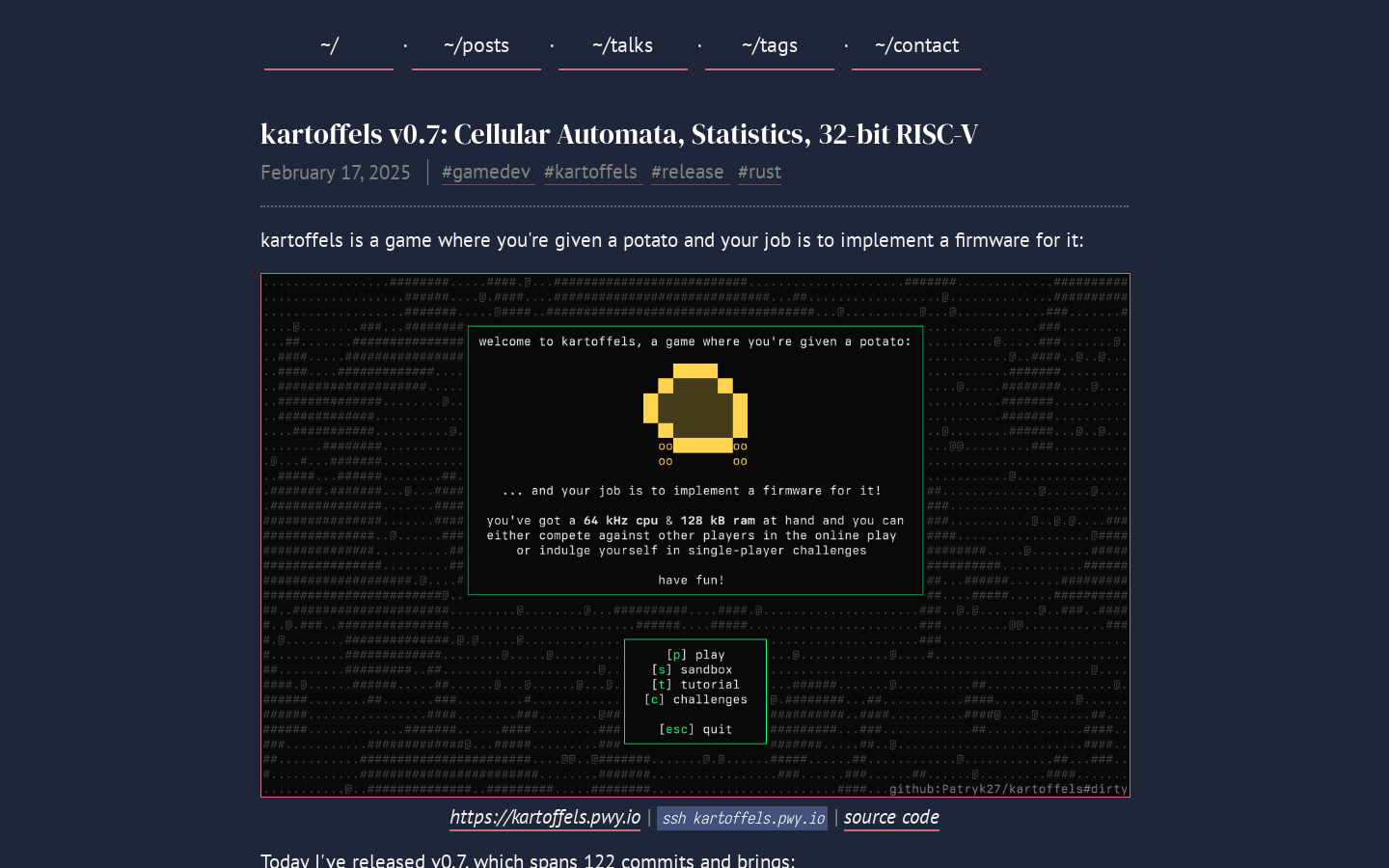 Show HN: Kartoffels – セルオートマトン、統計、32ビットRISC-V - プロジェクトのスクリーンショット