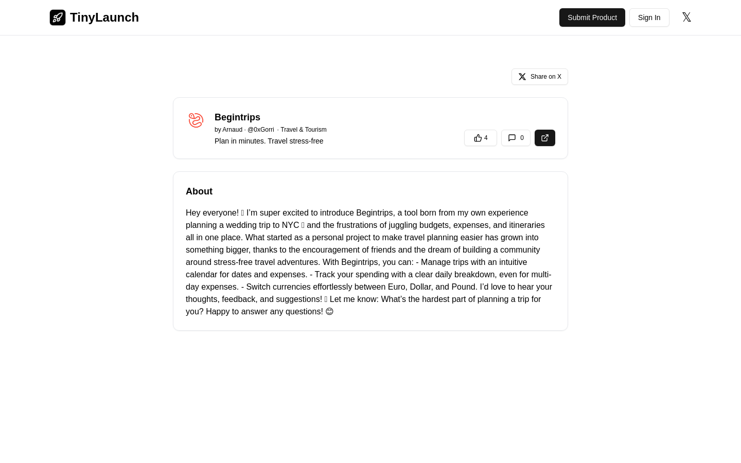 Show HN: BegintripsはTinyLaunchでライブです。 - プロジェクトのスクリーンショット