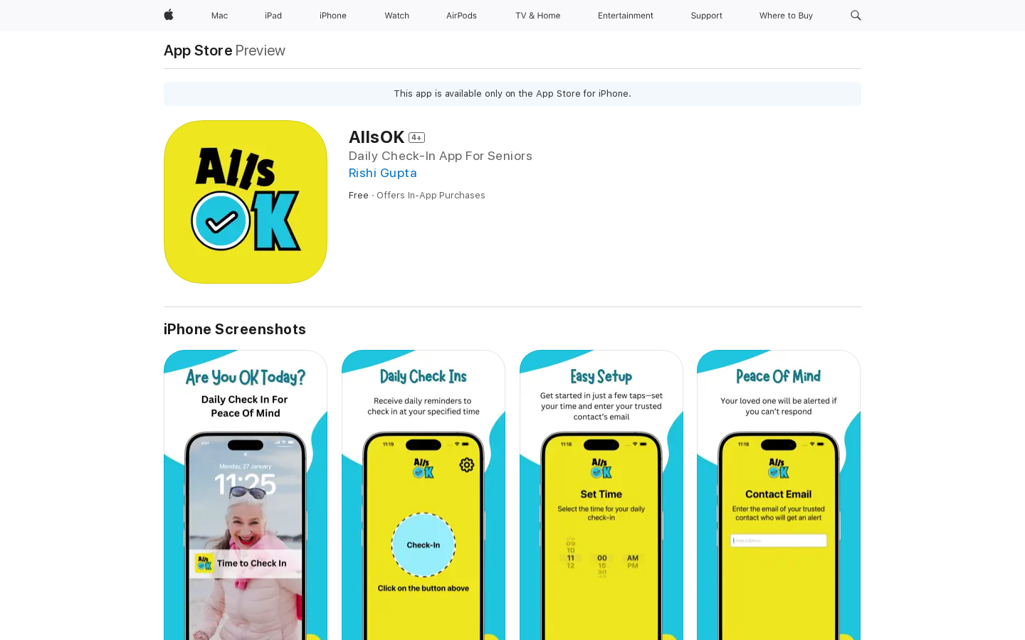 Show HN: 高齢者向けのAllsOK日常チェックインアプリが、iPhoneユーザー向けに利用可能になりました。 - プロジェクトのスクリーンショット