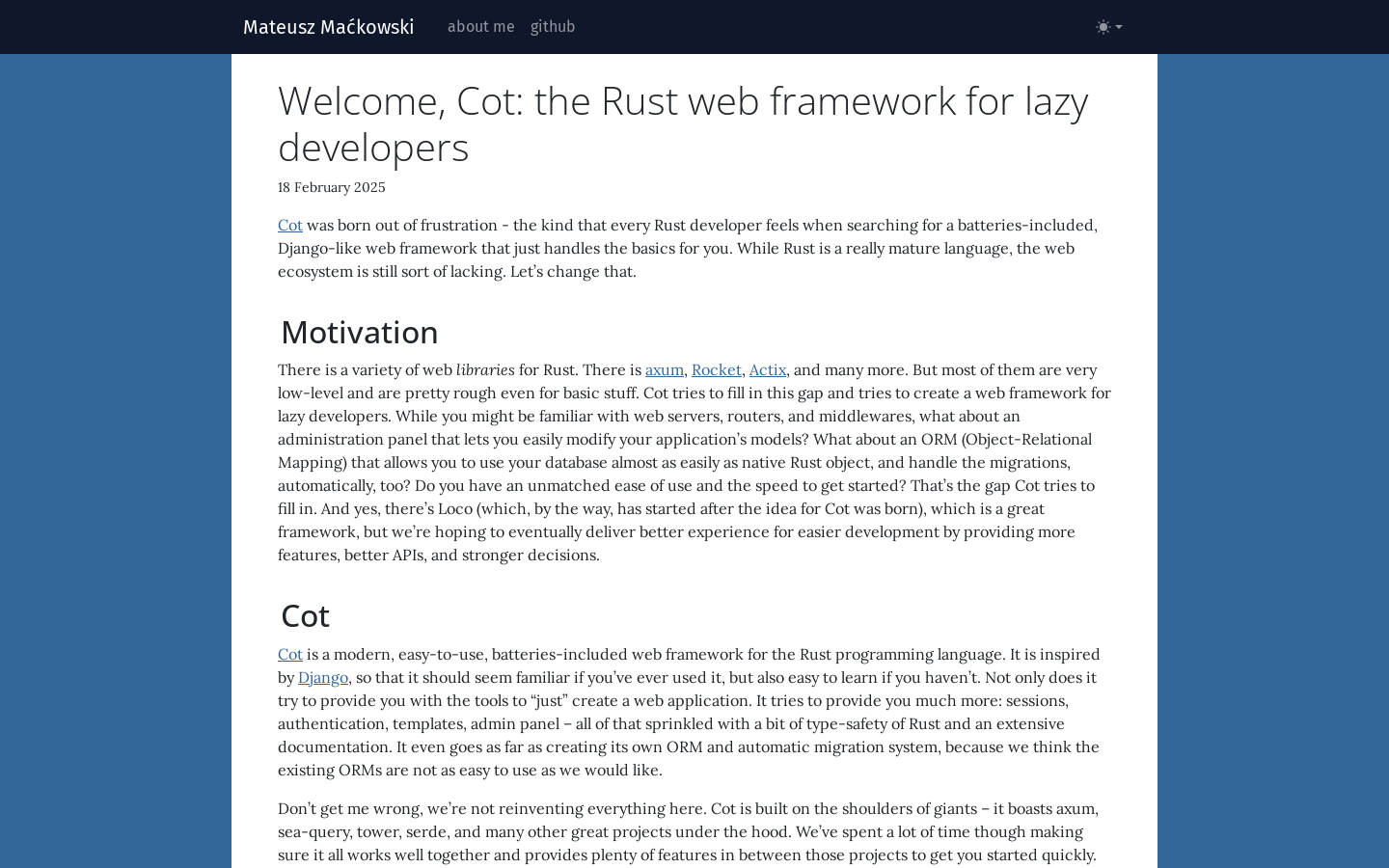 Show HN: Cot: 怠惰な開発者のためのRust Webフレームワーク - プロジェクトのスクリーンショット