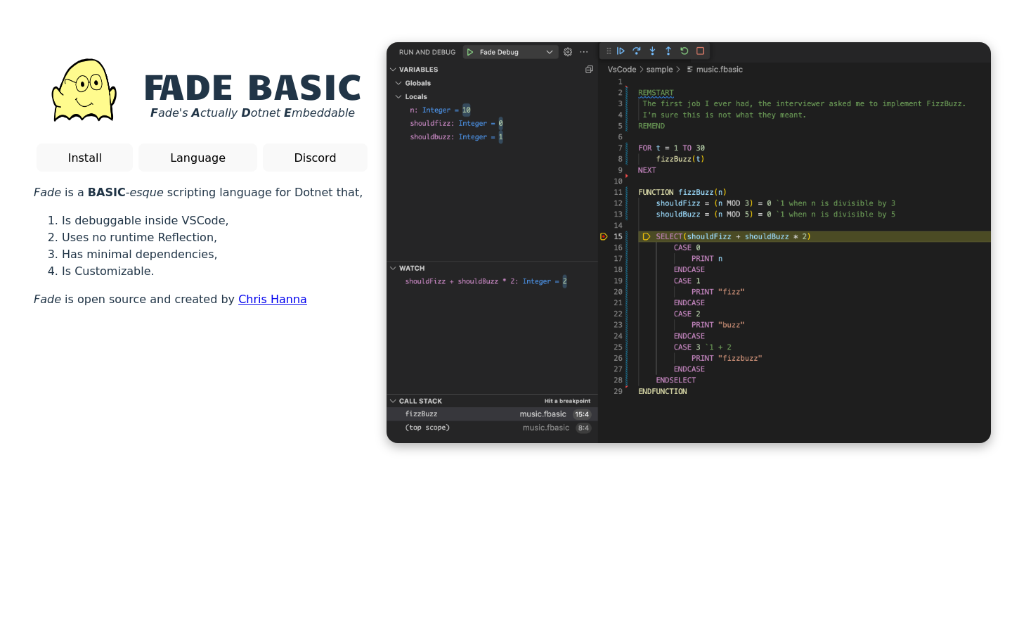 Show HN: 我为C#制作了一种可调试的类似BASIC的脚本语言。 - 项目截图