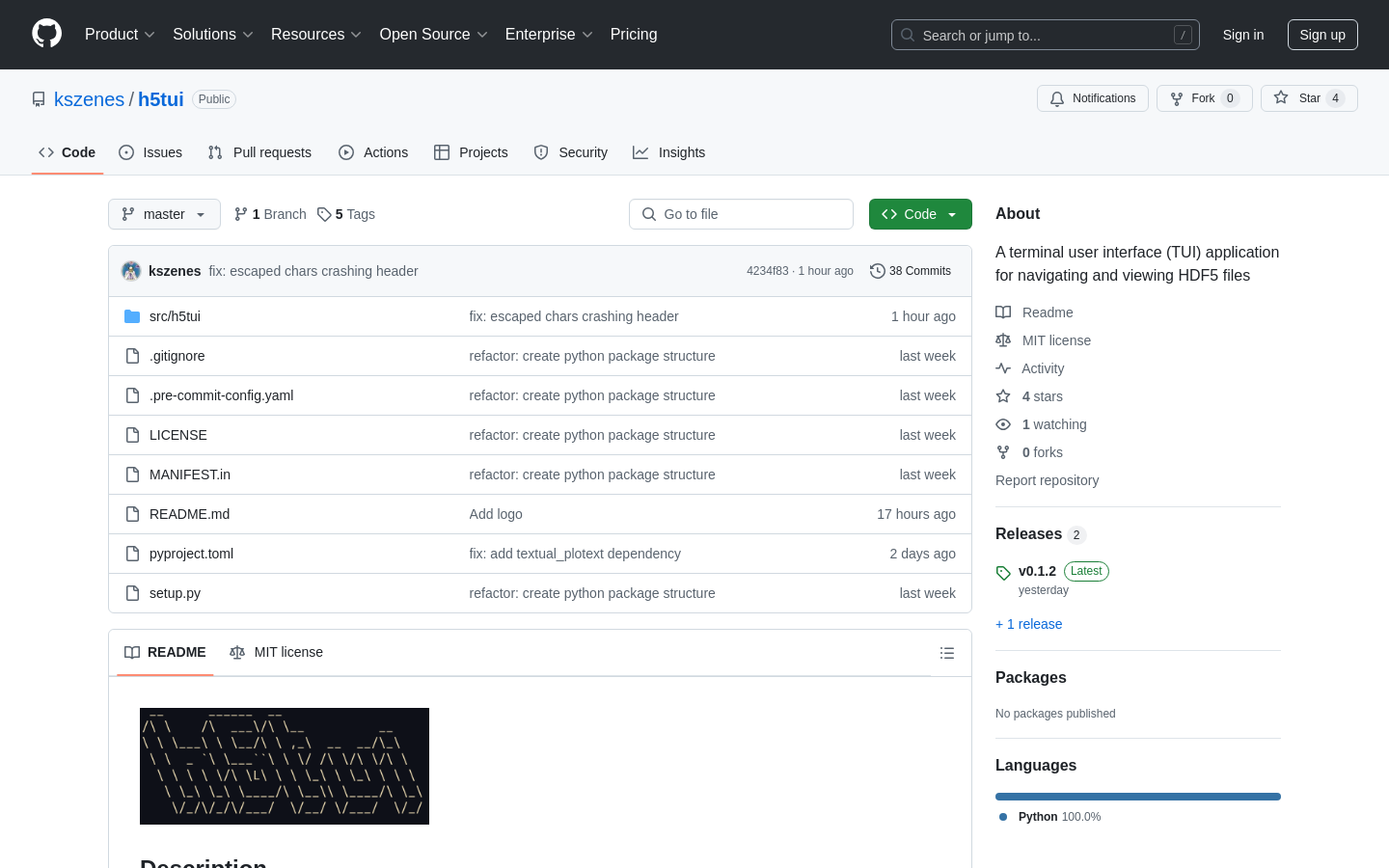 Show HN: H5tui – a terminal user interface for HDF5 files - Project Screenshot