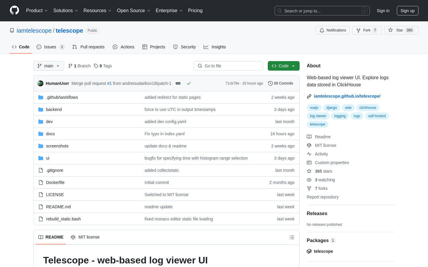 Show HN: Telescope – ClickHouseのログ用のオープンソースのウェブベースのログビューア - プロジェクトのスクリーンショット