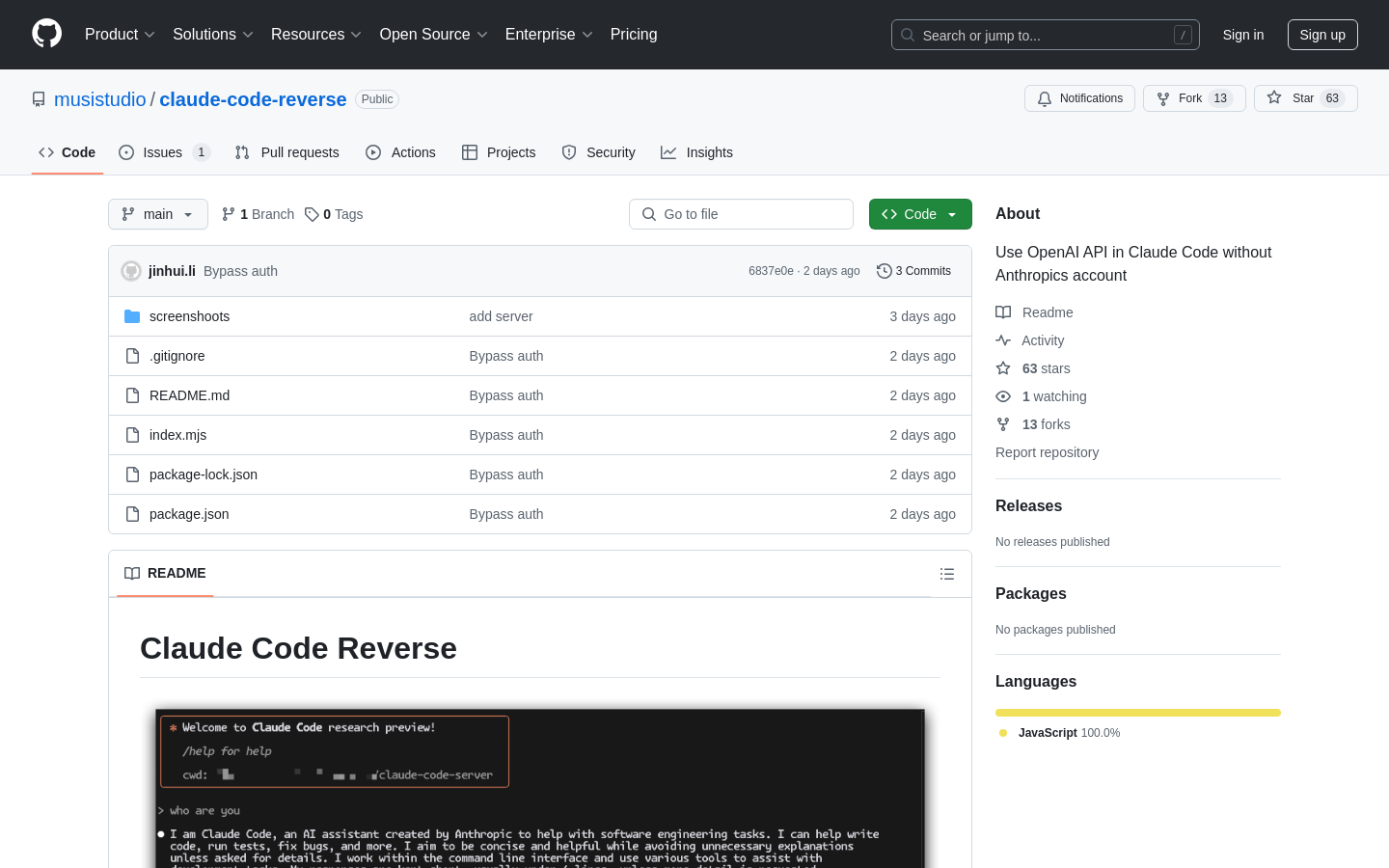 Show HN: Use OpenAI API in Claude Code Without Anthropics Account - Project Screenshot