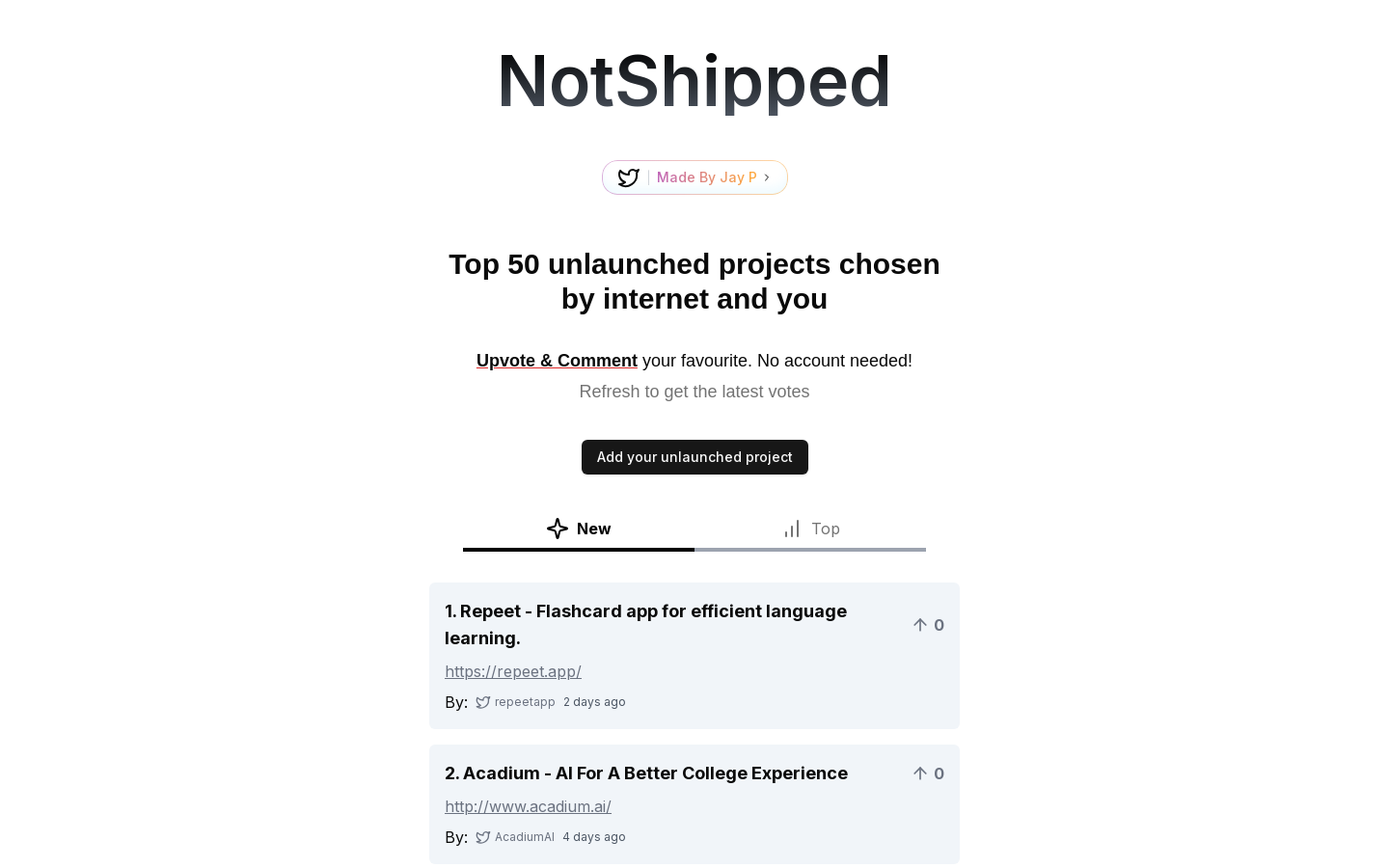 Show HN: NotShipped – A place to list your unlaunched projects - Project Screenshot