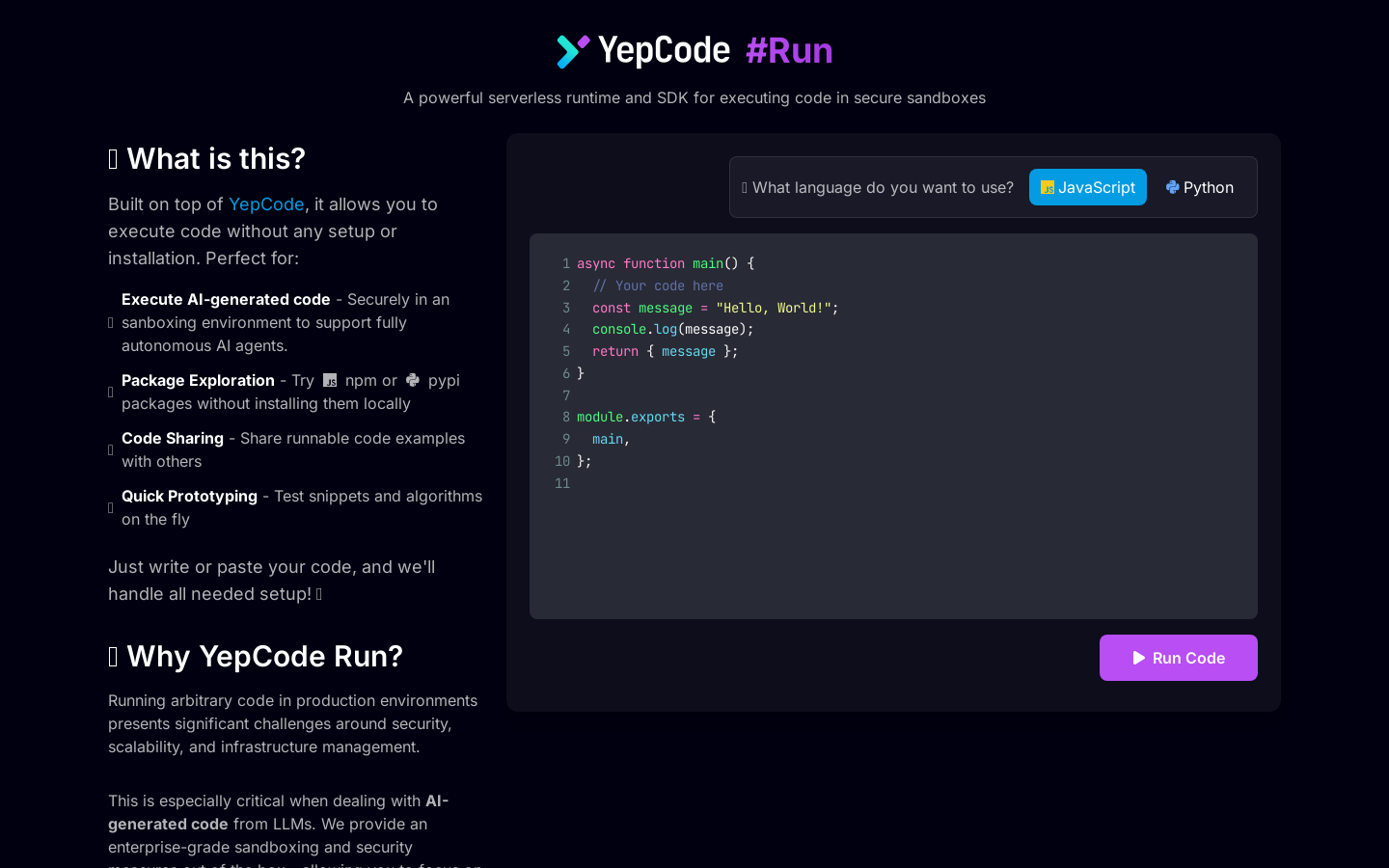 Show HN: YepCode Run – Perfect for Running AI-Generated Code in Secure Sandboxes - Project Screenshot