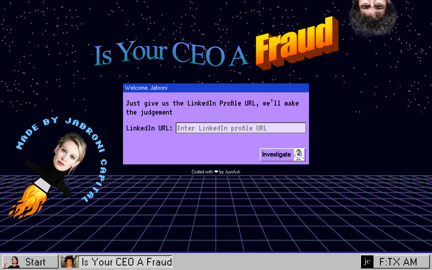 Show HN: Ismyceoafraud, figure out how likely an entrepreneur is to commit fraud - Project Screenshot