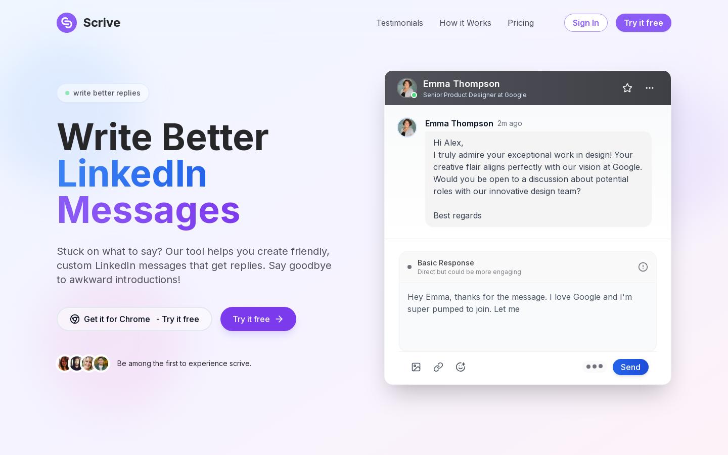 Show HN: Scrive – Simplify Your LinkedIn Messaging - Project Screenshot