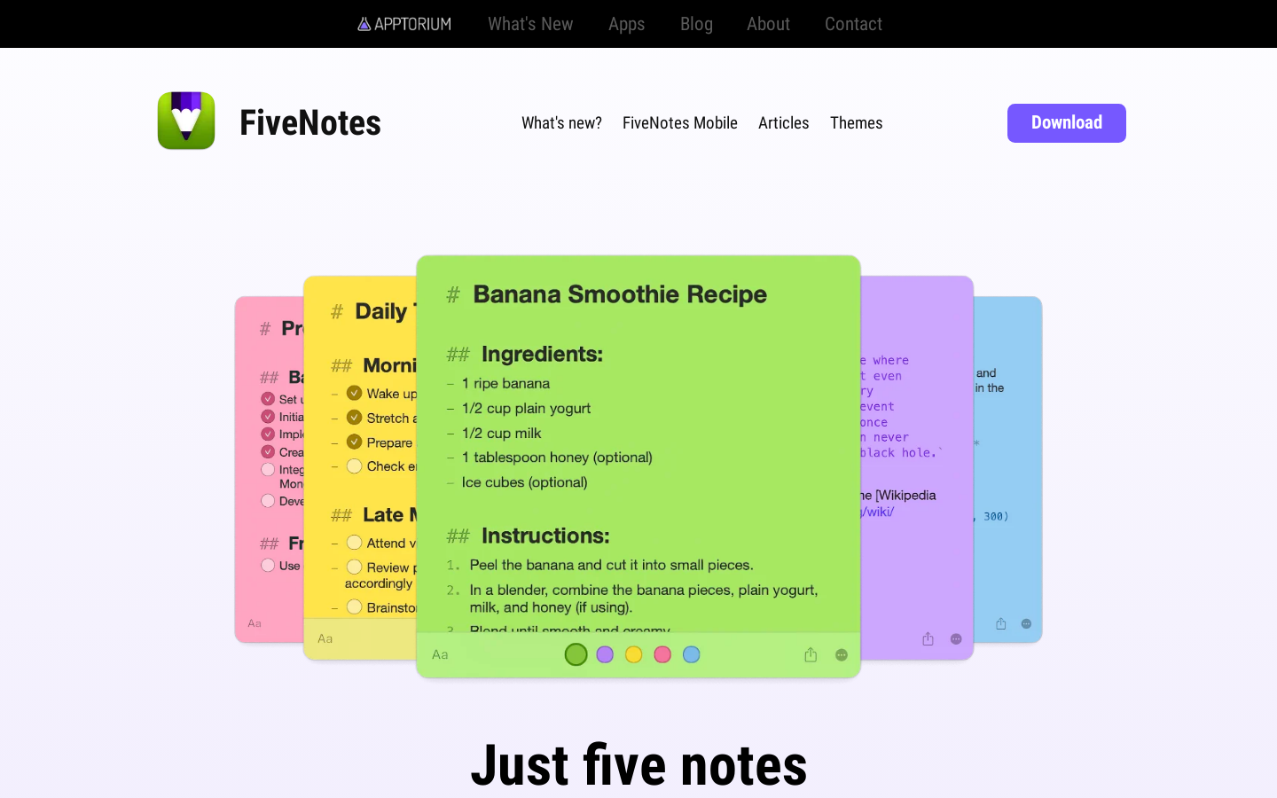 Show HN: [macOS] FiveNotes – 5 Markdown-based notes with themes, tasks and more - Project Screenshot