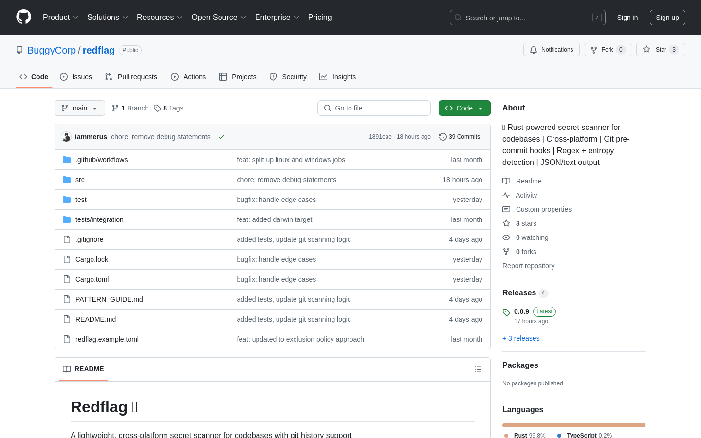 Show HN: Redflag – A lightweight secret scanner with Git history support - Project Screenshot