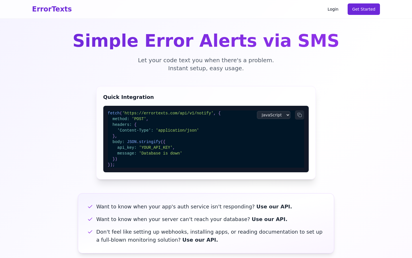 Show HN: ErrorTexts, simple outage alerts by SMS - Project Screenshot