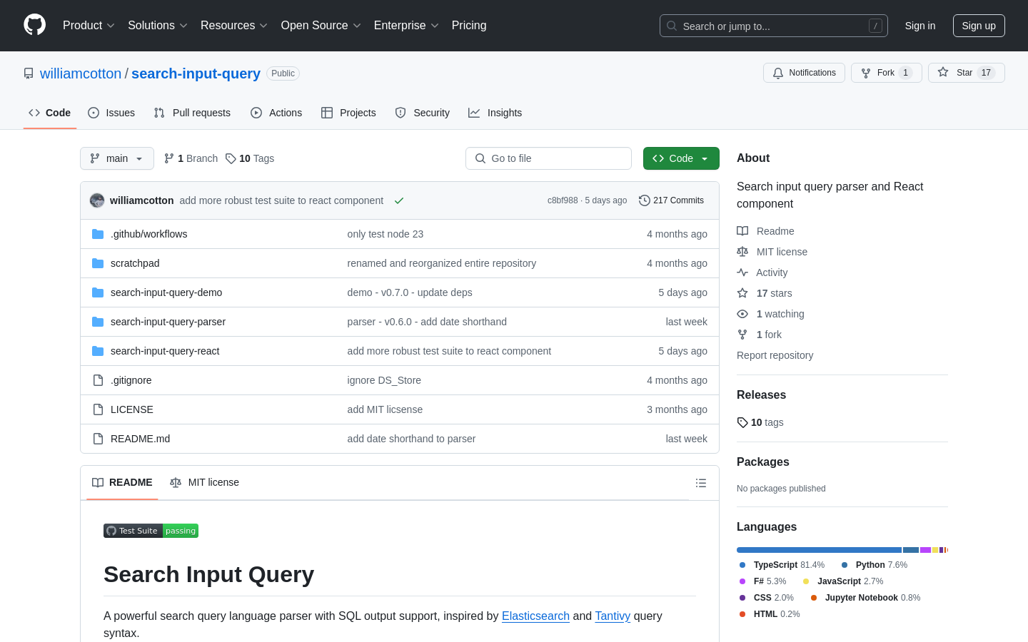 Show HN: 検索入力クエリパーサーとReactコンポーネント - プロジェクトのスクリーンショット