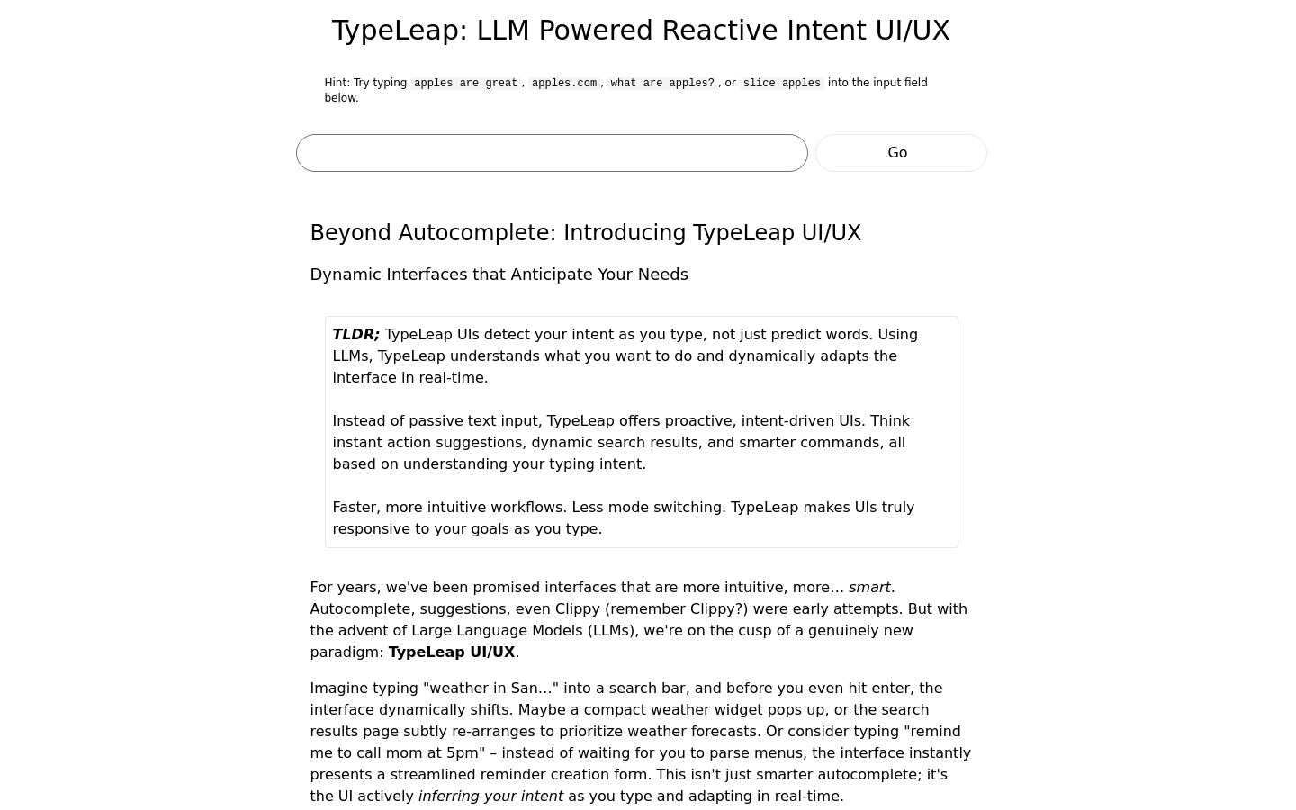 Show HN: TypeLeap: LLM駆動の反応型インテントUI/UX - プロジェクトのスクリーンショット