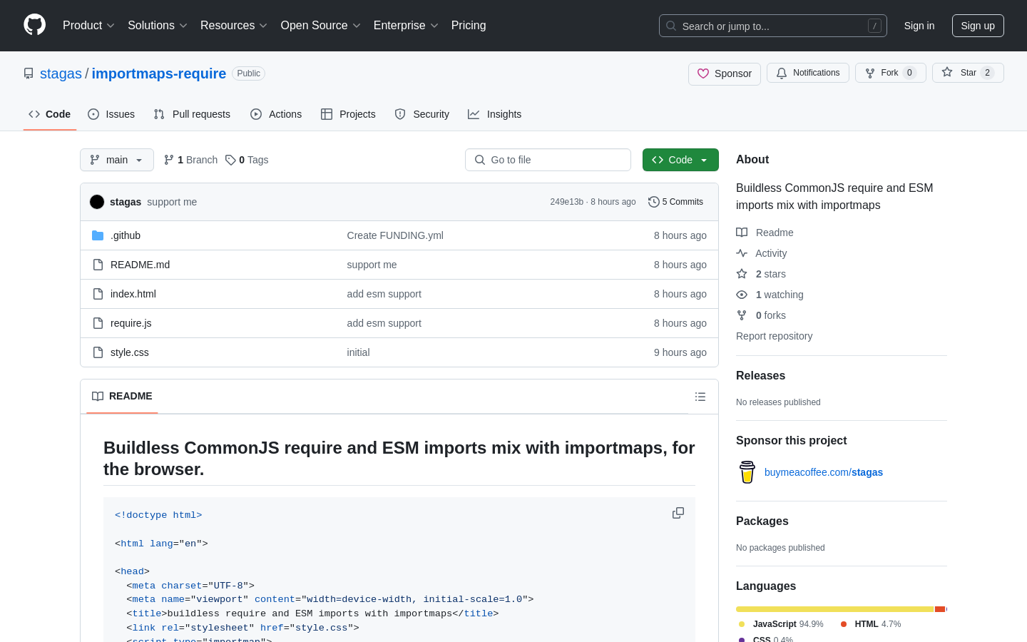 Show HN: Buildless CommonJS require および ESM インポートを importmaps と一緒に使用する - プロジェクトのスクリーンショット