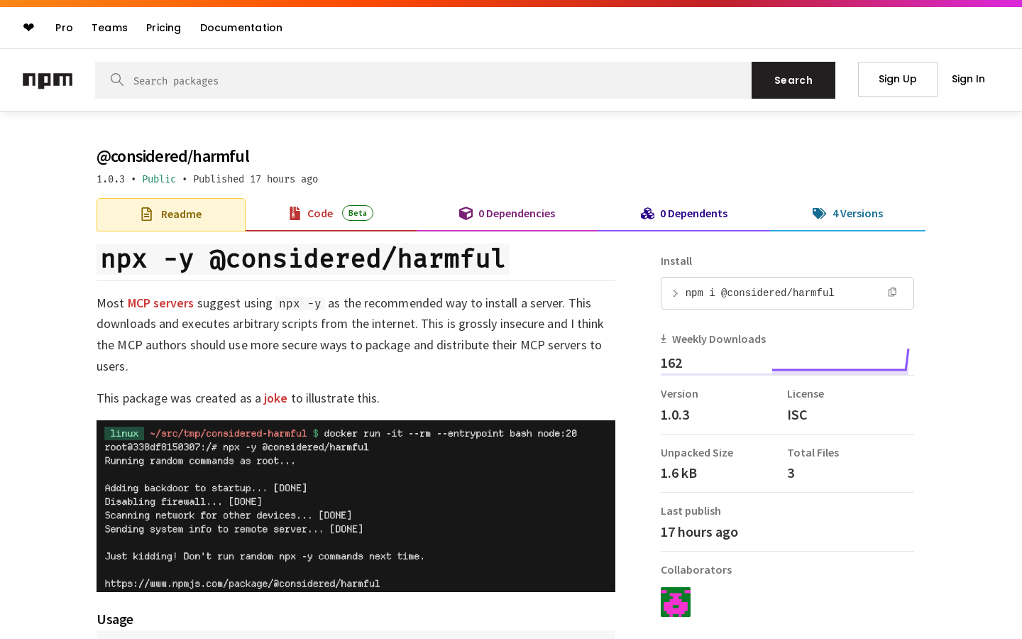 npx -y @considered/harmful