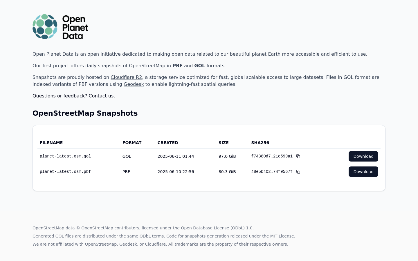 OpenPlanetData Snapshots