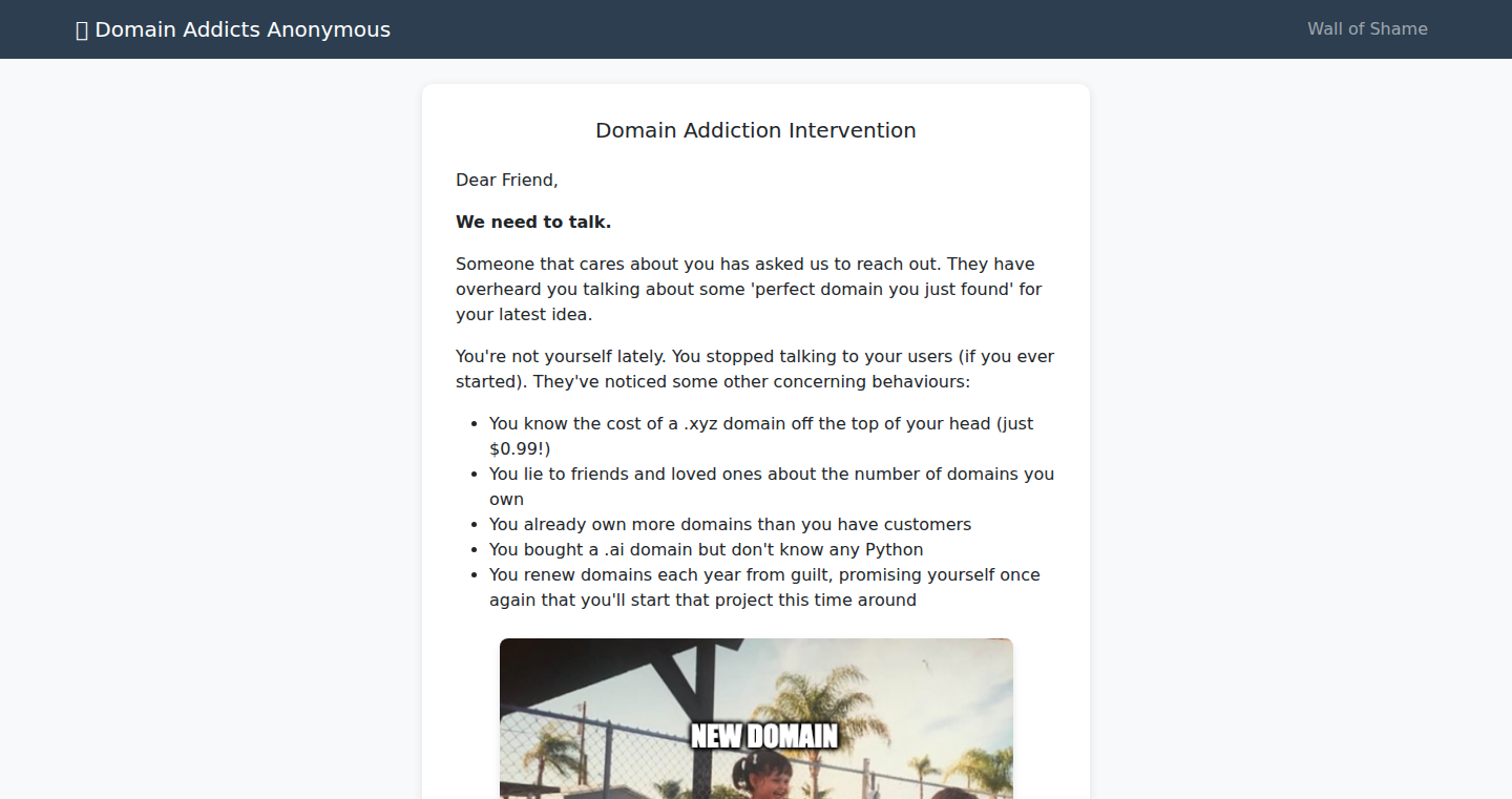 Domain Addicts Anonymous: A Web Intervention for Domain Hoarders