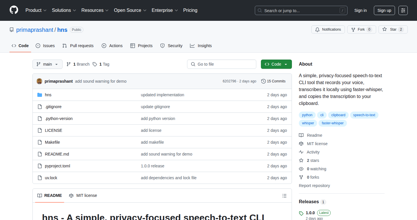 hns: Local Speech-to-Text Terminal Tool