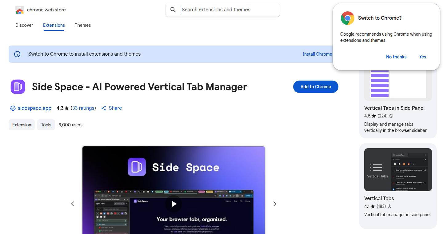 Side Space: AI 驱动的 Chrome 垂直标签页管理器
