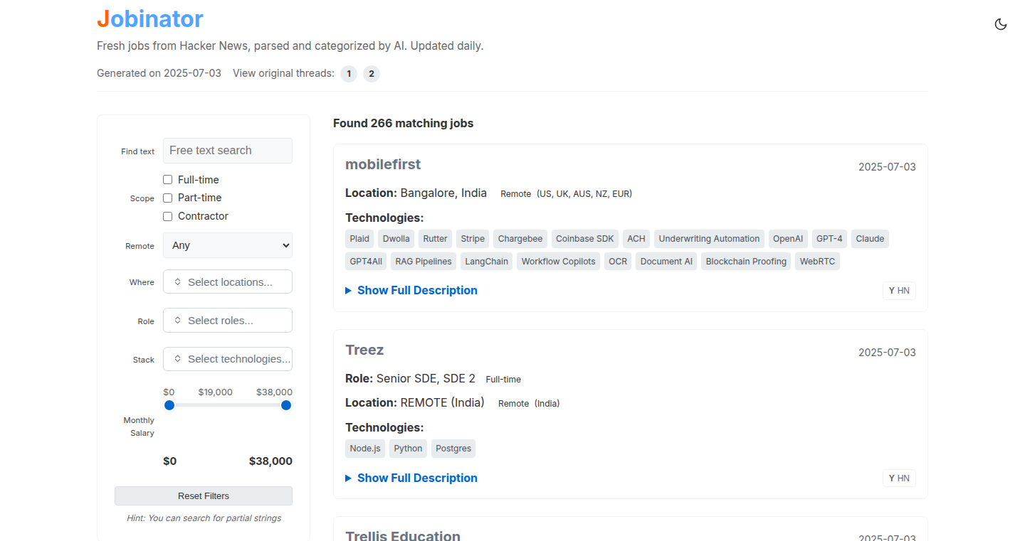 Jobinator - Hacker News 招聘信息智能筛选器