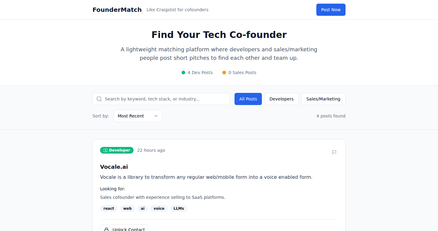FounderMatch:极简开发者/销售合伙人匹配平台