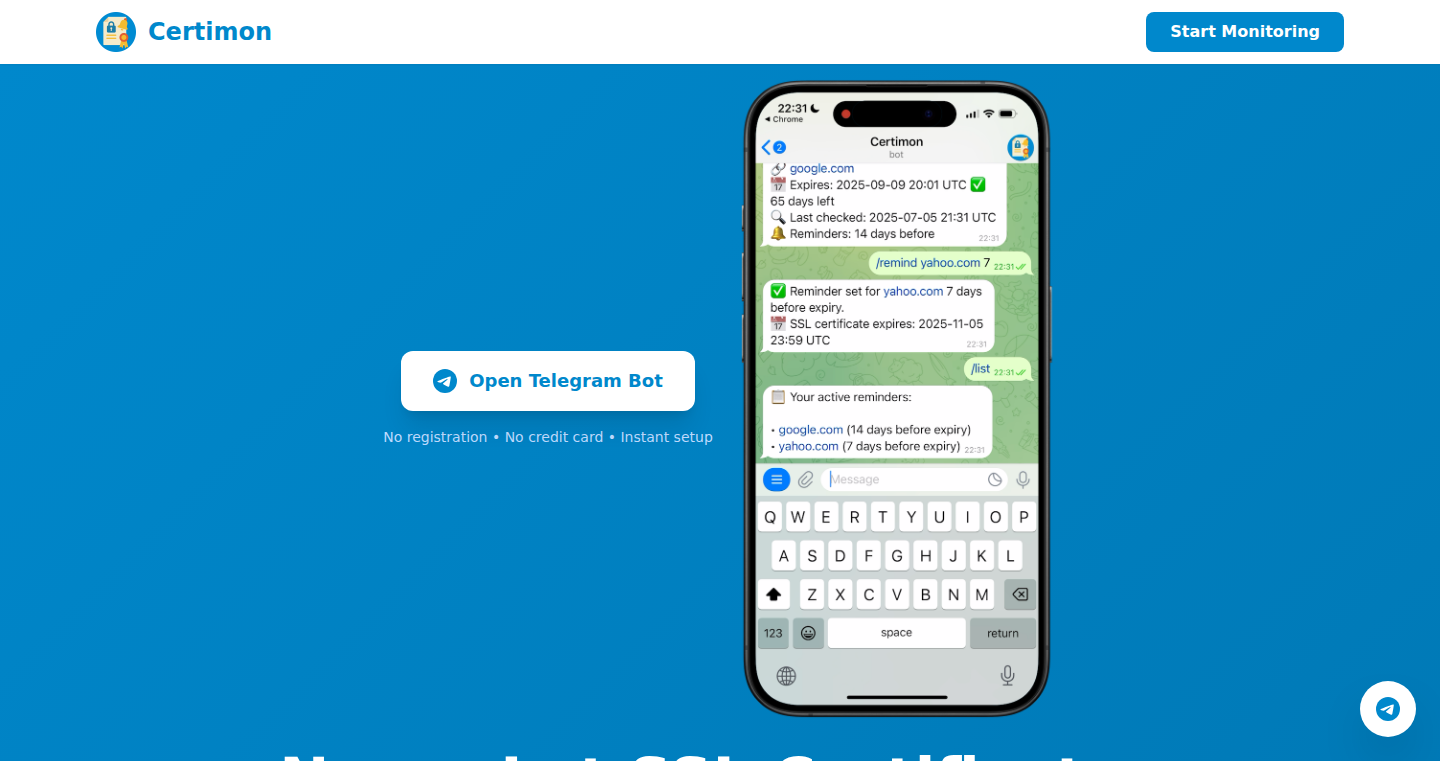 Certimon: SSL証明書の有効期限をTelegramで監視