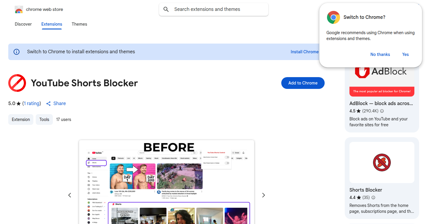 YouTube Shorts 遮断拡張機能
