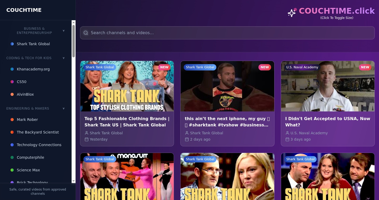 Couchtime.click - 子供たちのためのYouTubeフィルタリングアプリ