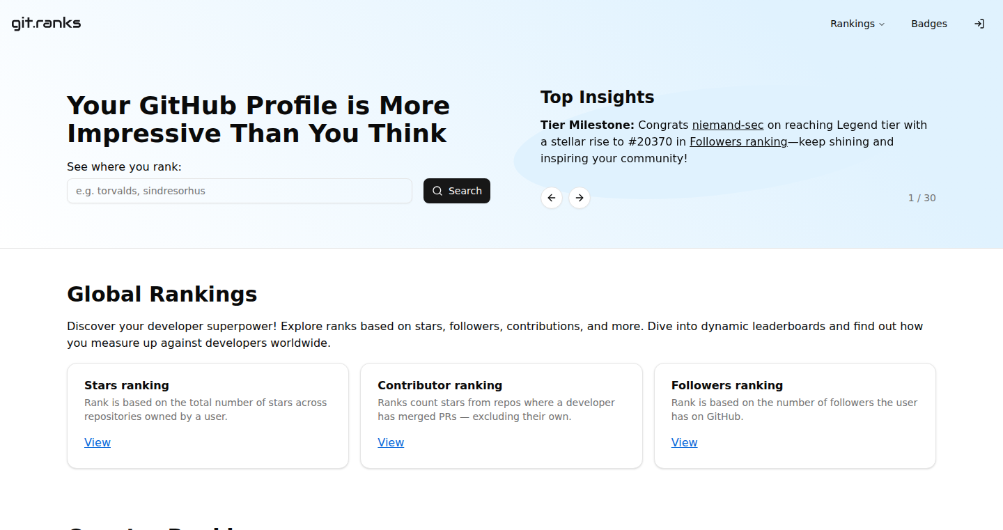 GitRanks: GitHub Profile Scorecard and Leaderboards