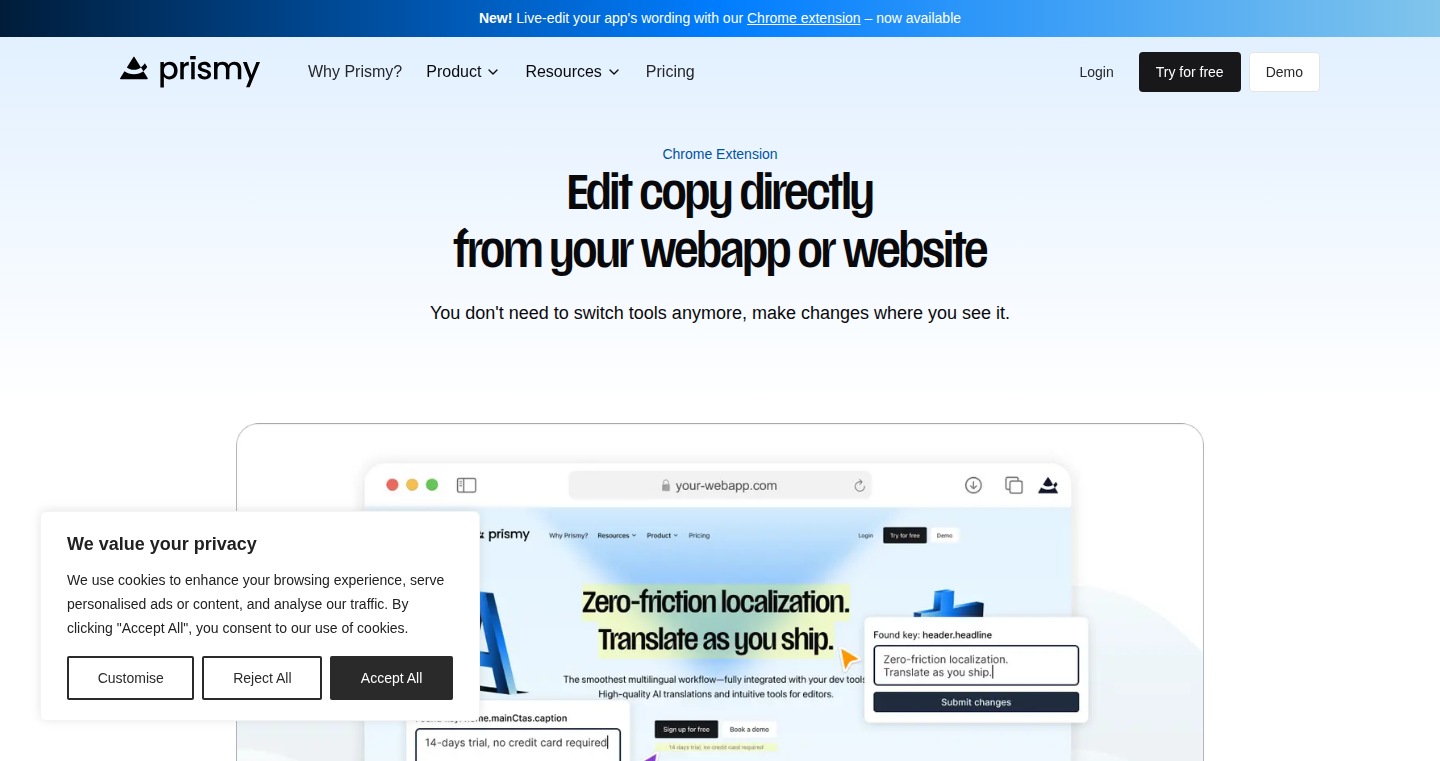 Prismy: コンテキスト内でウェブアプリの国際化キーを編集するChrome拡張機能