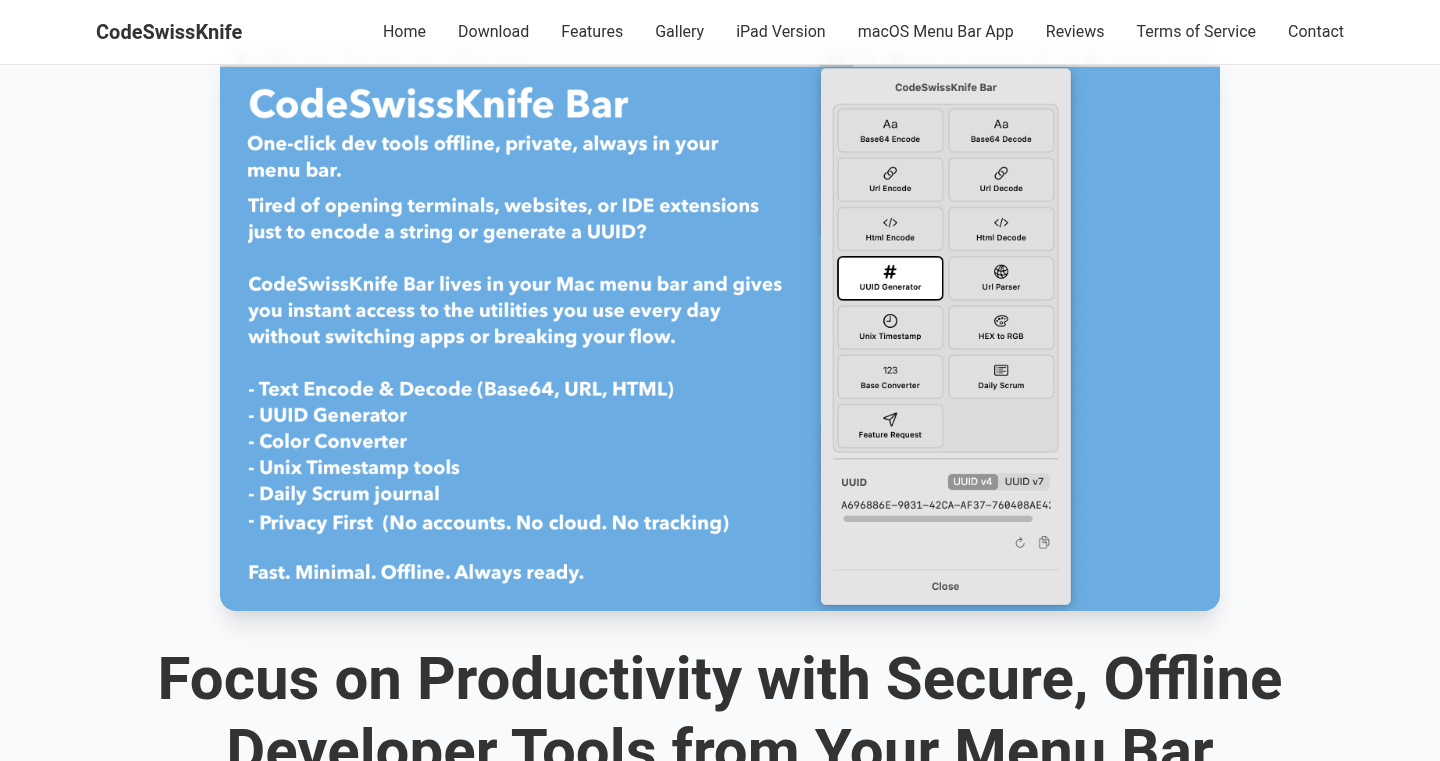 CodeSwissKnife Bar - macOSメニューバー常駐型開発ツール