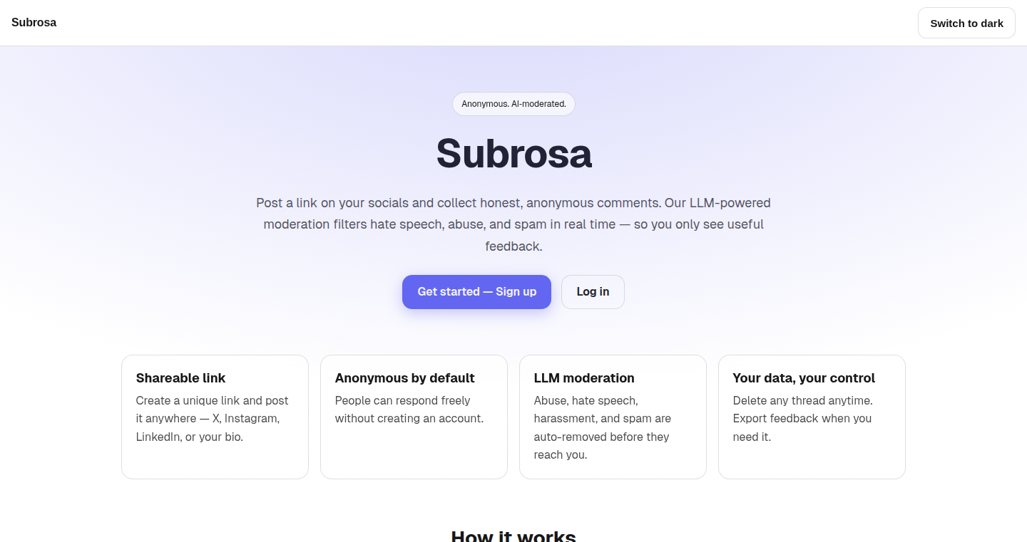 Subrosa: AI搭載匿名メッセージプラットフォーム