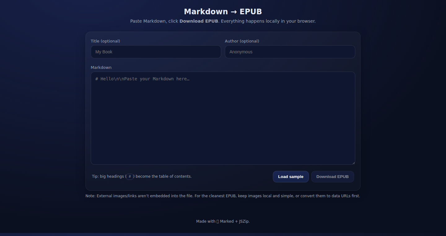 Markdown to ePub変換ウェブツール